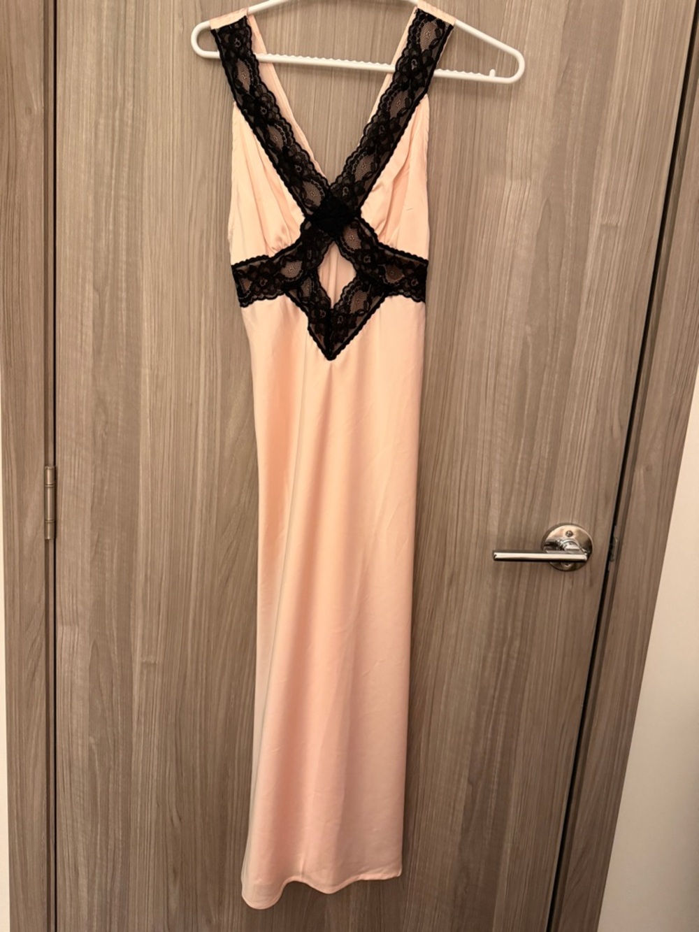 Blush Pink Slip Dress with Black Lace Trim